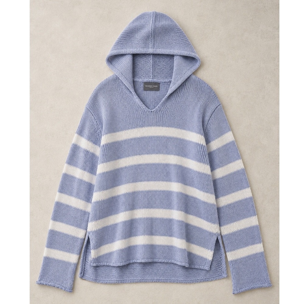 Wooden Ships Blue White Striped Hooded Sweater Open Knit Coastal Size M/L